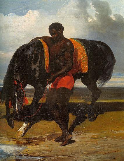 Alfred Dedreux Africain tenant un cheval au bord d'une mer